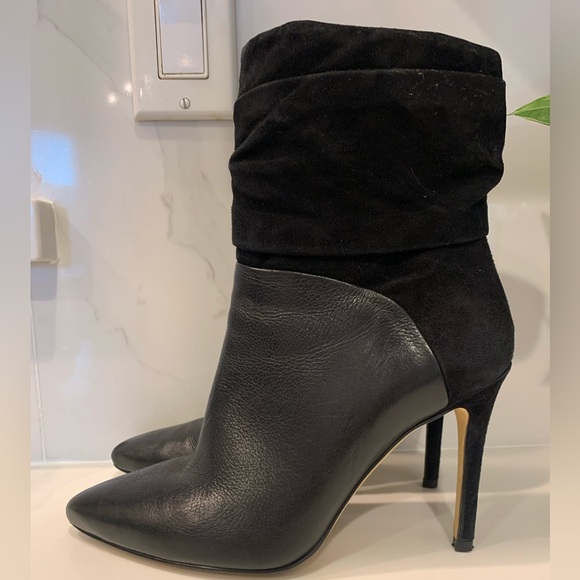 Women’s Guess Black Leather Suede Booties Boots Size 7.5 Stiletto Mid Calf - Picture 1 of 12
